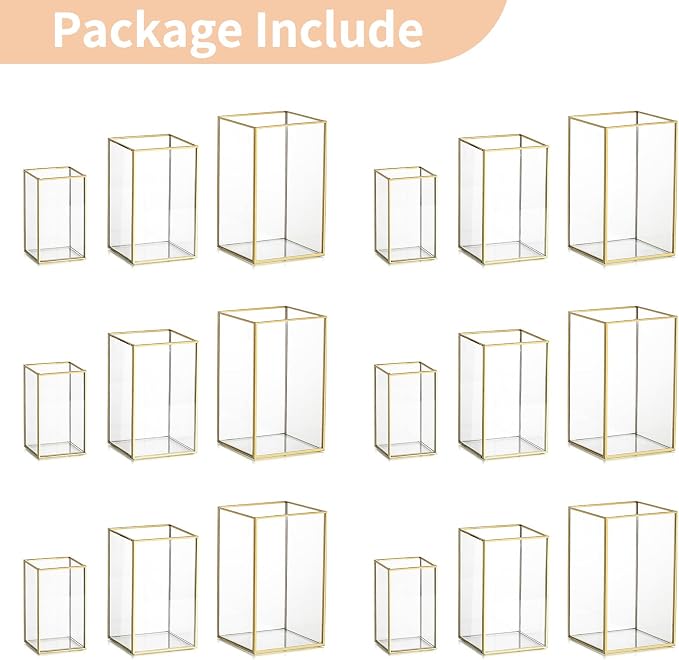 NUPTIO Candle Lantern for Wedding Centerpiece: 18 Pcs Clear Hurricane Glass Pillar Candles Holder with Gold Frame Bulk Decorative Candle Lanterns for Christmas Dining Table Decor 8.1 & 6.5 & 4.7 inch | Clear Hurricane Pillar Candles Holder with Gold Fr...