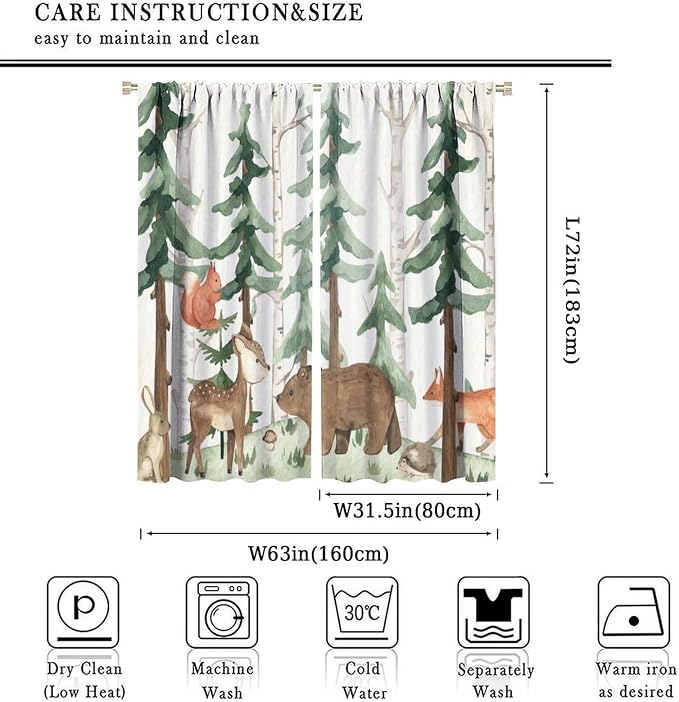Forest Nursery Curtains - Woodland Bear & Wildlife Theme, Blackout 63x72 Inch 2 Panels