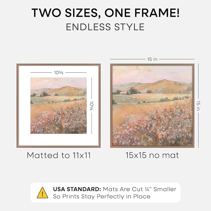 Homeforia 15x15 Picture Frame Mocha, High End Metal 15 x 15 Square Poster Frames with Mat 11 x 11 Photo, 15x15 Mocha Frame Matted to 11x11 Print, 15by15 Thin Frames, Tempered Glass, Wall Kit, Set of 1
