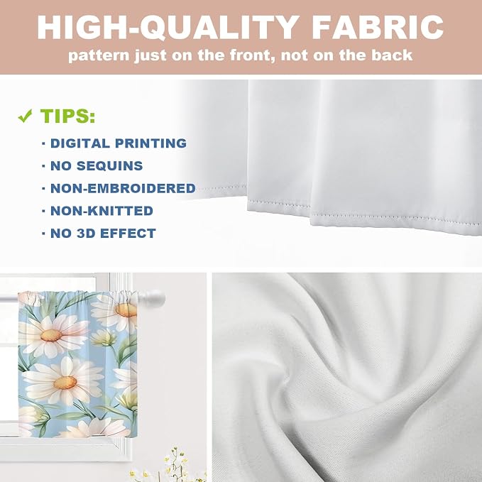 Shrahala Daisies Leaves Blackout Curtain Tiers, White Daisies On Blue Kitchen Valance Light Blocking Tier Drapes with Rod Pocket, 2 Pack 26 X 24 in