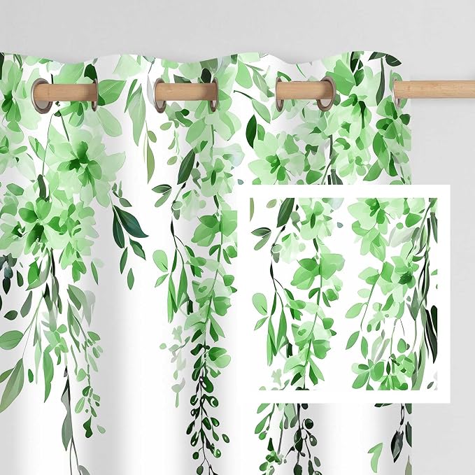 Green Watercolor Floral Curtains, Botanical Leaves Vine Flowers Curtain, Rustic Farmhouse Flower Leaf Blackout Window Treatment Drapes for Bedroom Living Room 52x72 inch, 2 Panels