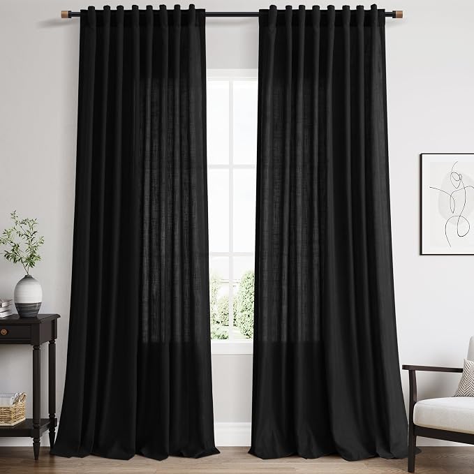 Nanspring Black Linen Curtains 90 Inches Long for Living Room 2 Panels Set Semi Sheer Vertical Curtains Back Tab Rod Pocket Simple Modern Privacy Curtain for Bedroom/Dinner Room 60x90