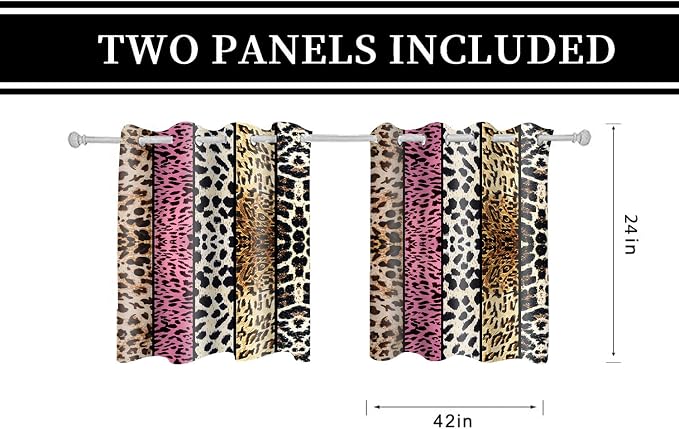 Wild Animal Print Curtain, Room Darkening Thermal Insulated Blackout Leopard Boa Window Drapes with Grommets for Living, Dining, Bedroom, Pink Leopard Print, 42"x 24", 2 Panels