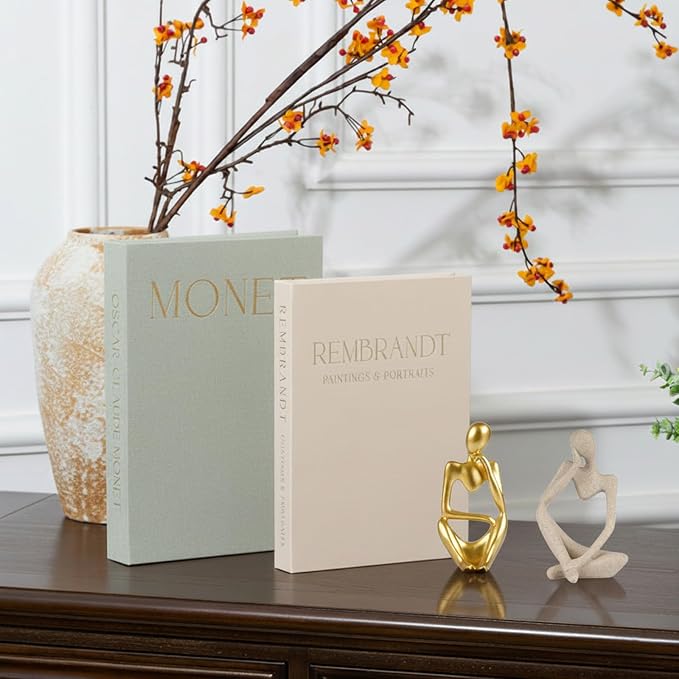Decorative Books & Thinker Sculptures Set - Linen Boxes & Resin Figurines Enhance Your Coffee Table, Bookshelf or Mantle Decor - Living or Dining Room Home Decoration Aesthetic, Photo/Keepsake Storage