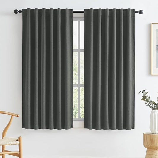 KEQIAOSUOCAI 100% Blackout Linen Curtains, Full Shade Complete Light Blocking Drapes Back Tab Rod Pocket Hook Belt, Textured Thermal Insulated Black Out Curtains(Dark Grey, W50 x L63, 2 Panels)