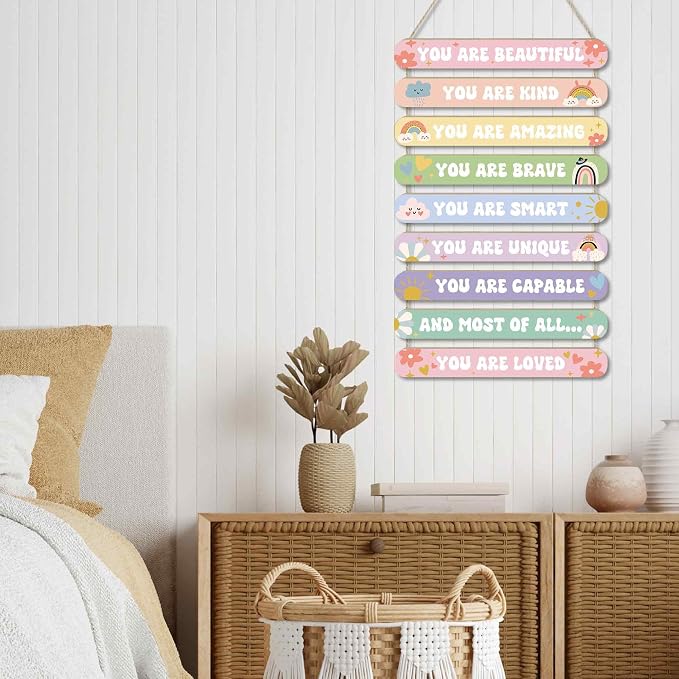 MONALET Pastel Cute Inspirational Motivational Wall Art Decor for Girls Room Nursery Baby Kids Playroom Bedroom Door, Positive Affirmations Hanging Wood Signs Decorations, Girly Wooden Plaque, 12x19