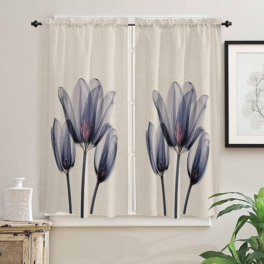 Kitchen Tier Curtains 63 inches Length,Abstract Transparent Blue Flower Tulip Cotton and Linen Texture Curtains for Living Room Bath,Rod Pocket Light Filter Drapes Half Window Treatment Tiers 2 Panels