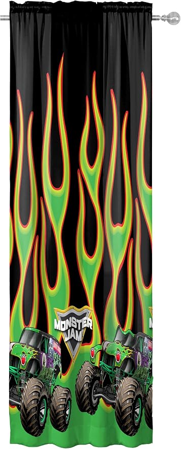 Sunny Side Up Window Curtains for Kids Bedroom 4-Piece Drape Set with 2 Tiebacks, Black - Monster Jam, 42" W x 63" L (Pack of 2)