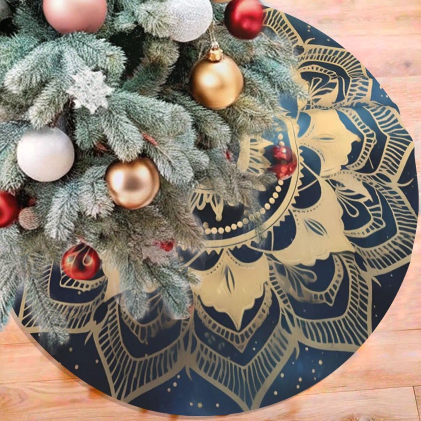 48" Large Christmas Tree Skirt, Elegant Gold Mandala Blue Galaxy Pattern Tree Mat Base Cover for Xmas Festive Holiday Party Decoration Ornaments