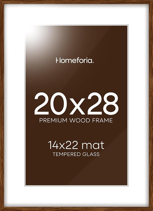 Homeforia 20x28 Picture Frame Brown, High End Dark Oak 20x28 Walnut Wooden Poster Frames with Mat 14x22, 20 x 28 Wood Frame Matted to 14 by 22, 28x20 Hanging Frames, Tempered Glass, Wall Kit, Set of 2