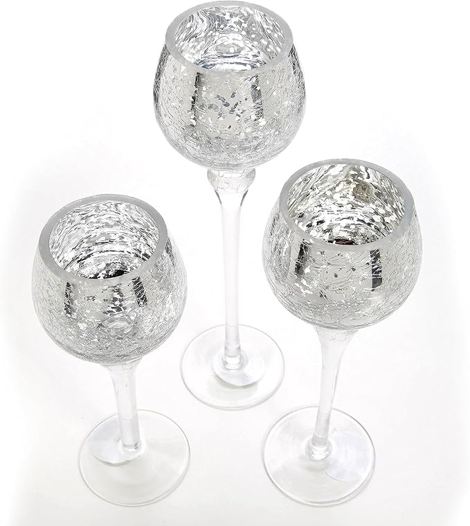 Hosley 3 Sets Crackle Metallic Glass Tealight Holders Set /3-12 Inch, 10 Inch, 9 Inch Ideal for Weddings Special Events Parties Also Makes a Great Gift