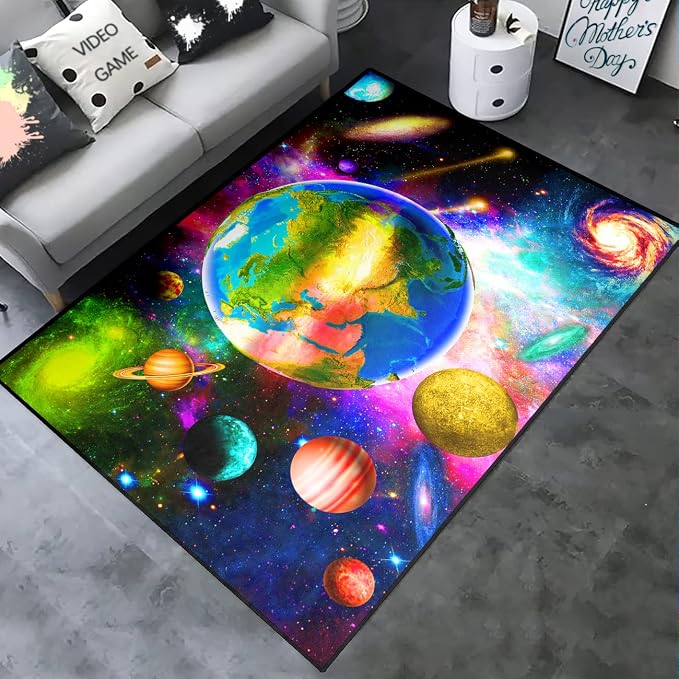 BATATADOCE Outer Space Floor Rugs Planet Area Rugs Solar System Rug Space Area Rug Boys Rugsfor Bedroom Playroom Living Room Space Room Decor 5'×7'