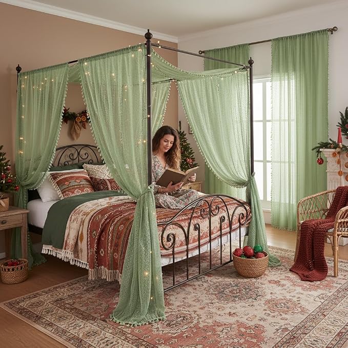 WAZZIO Boho Lace Curtains 84 Inches 2 Panel,Light Filtering Privacy Tassel & Geometry Crochet Semi Sheer Curtain Drapes for Bedroom Living Dining Room,Rod Pocket & Tassel,Grass Green