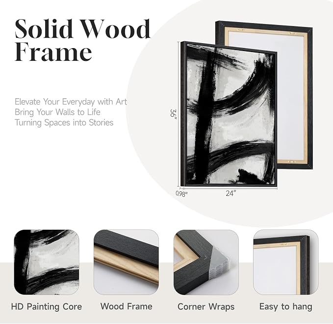 Framed Black and White Abstract Wall Art Set of 2 for Living Room, Large Mid Century Modern Canvas Artwork for Walls, Contemporary Minimalist Ink Painting Print Wall Decor for Bedroom Office, 24x36 In