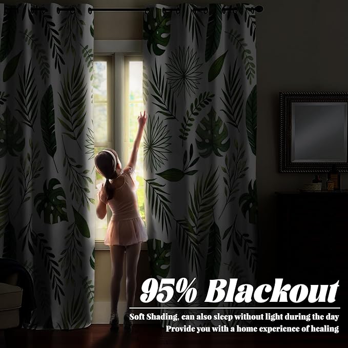 Renaiss Green Leaf Blackout Curtains, Tropical Safari Plants Patterned Thermal Insulated Bedroom Window Curtains, Eucalyptus Botanical Window Drapes for Living Room, 84" L x 42" W 2 Panel Set