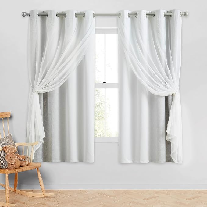 Ombre 100% Blackout Curtains 63 Inches Long 2 Panels for Bedroom Living Room Grey and White Double Layer Sheer Overlay Mix & Match Grommet Thermal Soundproof Drapes with Tiebacks, 52x63