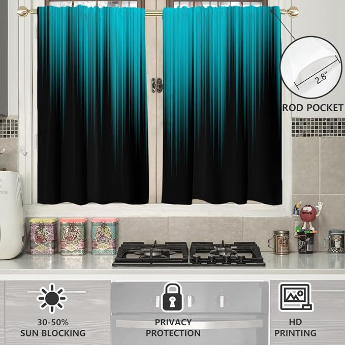 AAtter Teal and Black Kitchen Curtains, Ombre 27.5" W x 39" L, 2 Panels | Turquoise Modern Rod Pocket Bathroom Window Drapes, Dark Abstract Striped Style, Cool Anime Design, Aqua Small Short Tiers