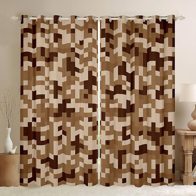 Castle Fairy Brown Grid Kids Window Curtain,Sandbox Pixelated Themed Window Treatment Teens Gamer,Miner Style Checked Bedroom Decor Curtains Desert Style Blackout Drapes 2 Panels,42Wx63L