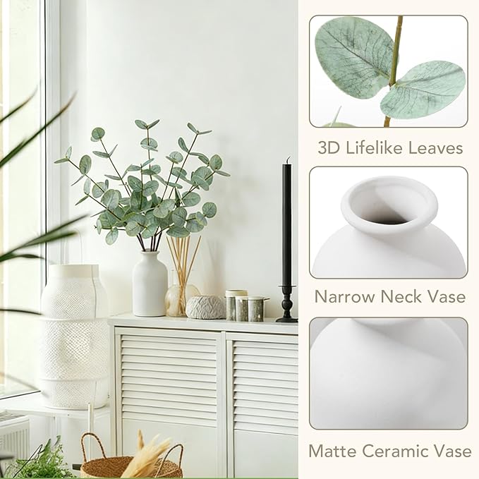 dallisten Artificial Eucalyptus Stems with Ceramic Vase, 17'' Fake Plants for Home Decor, White Vase with Greenery for Modern Farmhouse Boho Decor, Table Centerpiece for Room Bathroom Kitchen Mantle
