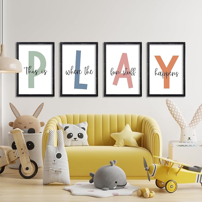 Playroom Wall Art Decor This Is Where The Fun Stuff Happens Sign Colorful Letters Decor 4 Piece 16"×11" for Toddler Modren Nursery Children Prints Small Wood Framed Wall Hanging (Black)