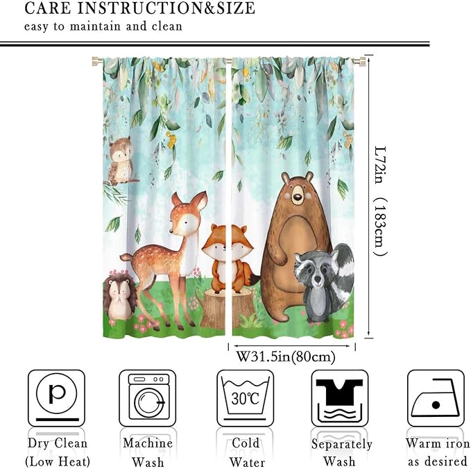 Kid Forest Animal Curtains, Woodland Animal Fox Elk Bear Watercolor Print Curtains for Nursery Bedroom Living Room, Rustic Safari Wild Animal Blackout Window Drapes 2 Panel Set,63x72 Inch