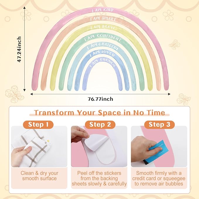 Tinideya 77" x 47'' Large Watercolor Rainbow Wall Decal with Inspirational Quote, Peel and Stick Rainbow Stickers Watercolor Vinyl Wall Mural Art for Girls Toddlers Playroom Bedroom Classroom(Pastel)