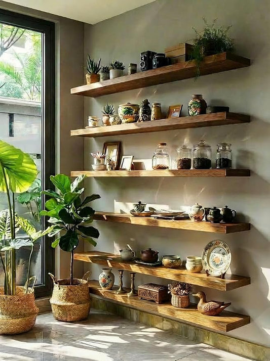 ROGMARS 36 Inches Long Walnut Floating Shelves | Rustic Solid Wood Farmhouse Wall Shelves with Invisible Brackets for Bathroom, Living Room, Bedroom, Kitchen Set of 6
