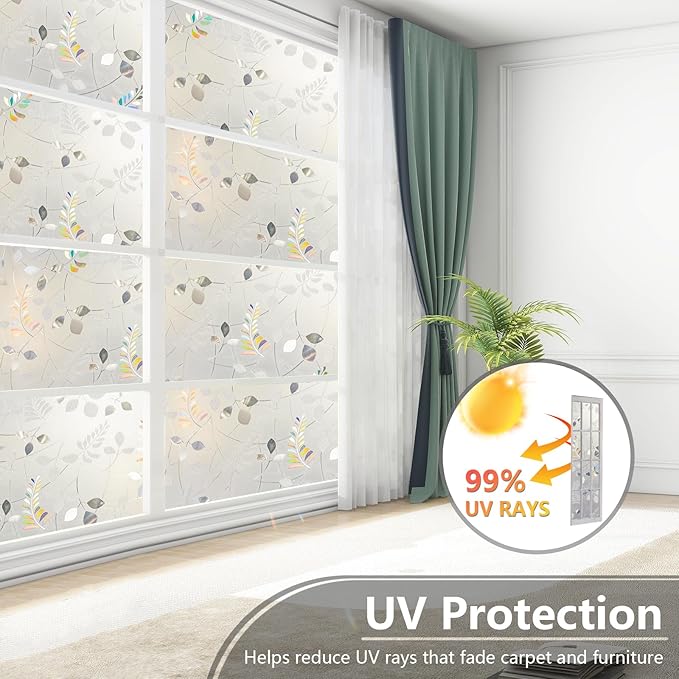 LEMON CLOUD Frosted Window Privacy Film Stained Static Cling Glass Film Decorative Colorful Glass Window Sticker, Non-Adhesive Sun Blocking Tint for Home Sliding Door, Mimosa-Patterned, 17.5" x 157.4"