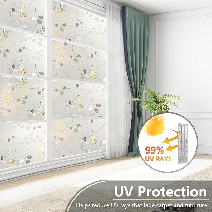 LEMON CLOUD Frosted Window Privacy Film Stained Static Cling Glass Film Decorative Colorful Glass Window Sticker, Non-Adhesive Sun Blocking Tint for Home Sliding Door, Mimosa-Patterned, 35.4" x 157.4"