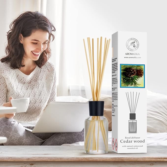 Cedarwood Reed Diffuser 3.4 Fl Oz - Scented Reed Diffuser Gift Set - Best for Aromatherapy - Home - Room Air Fresheners - Cedarwood Essential Oil - by Aromatika (Pack of 2)