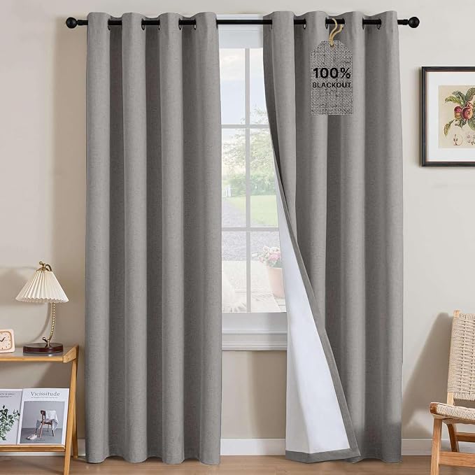 H.VERSAILTEX Linen Curtains 100% Blackout Curtains for Bedroom 120 inch Long Full Light Blocking Nature Linen Blended Window Curtains for Living Room Nickel Grommet (2 Panels, Heathered Dove)