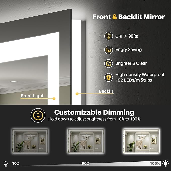 Briivue 55x30 Inch LED Bathroom Mirror with Lights, Backlit & Front Lit, Anti-Fog Lighted Bathroom Vanity Mirror for Wall, Memory Function, Dimmable, HD Tempered Glass, Shatter-Proof
