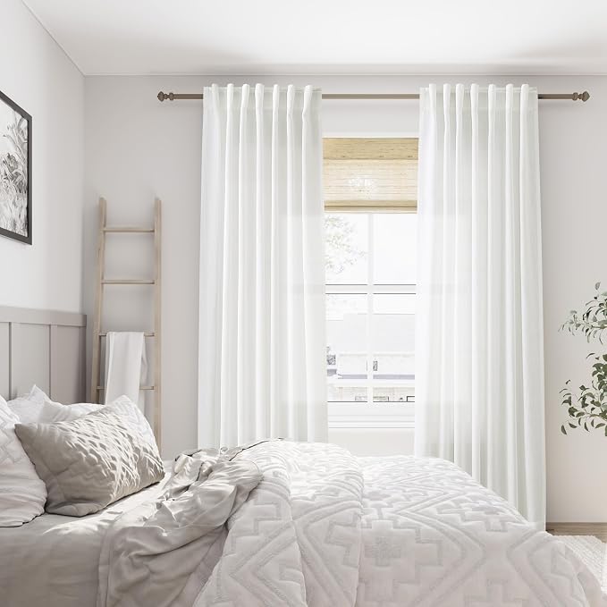 Aersas Ivory Linen Curtains 96 Inch Long for Living Room 2 Panel Back Tab Light Filtering Semi Sheer Drapes Country Rustic Farmhouse Boho Curtain 52x96