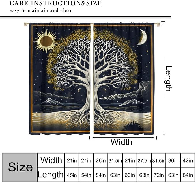 Sun Moon Blackout Curtains, Vintage Abstract Sun Moon Tree of Life Bohemian Mystic Window Drapes, for Bedroom Living Room 42" W X 45" L
