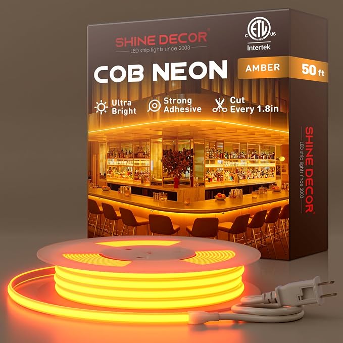 Shine Decor COB LED Rope Light AC 120V, 800lm Ultra Bright, IP65 Waterproof Cold-Resistant ETL Neon Strip, No Driver Tape Lighting for Home Commercial 10x4.5mm, Amber, 50ft