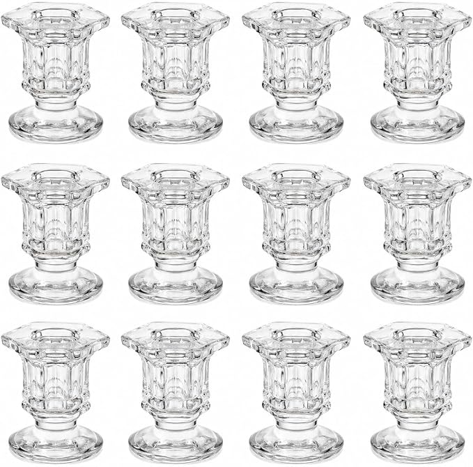 Lanttu 12 Pcs Clear Candlestick Holders Bulk Glass Candle Holders Set Clear | Crystal Taper Candle Holder for Wedding, Table Centerpiece, Home Decoration