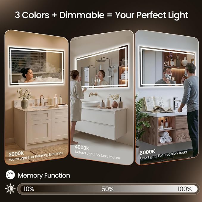 48X36 LED Bathroom Mirror with Lights, Anti-Fog, Backlit + Front Lit, Lighted Bathroom Vanity Mirror for Wall, Memory Function, Dimmable, Tempered Glass, Shatter-Proof