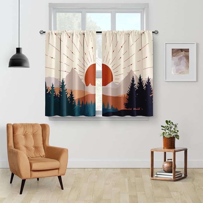 Aimego Boho Forest Kitchen Curtains - Aesthetic Modern Country Mountain Sunset Nature Sun Rustic Art Short Cafe Tier Curtains Decor for Living Room Rod Pocket Window Drapes 2 Panels Set 28"x24"