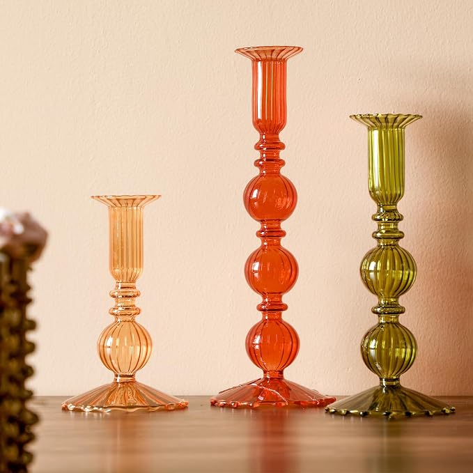Mumufy 3 Pcs Fall Glass Candlestick Holders Thanksgiving Ball Shaped Glass Taper Candle Holder Amber Olive Honey Gold Fall Candle Stick Vase Decor for Holiday(5.9, 7.9, 10 inch,Vivid)