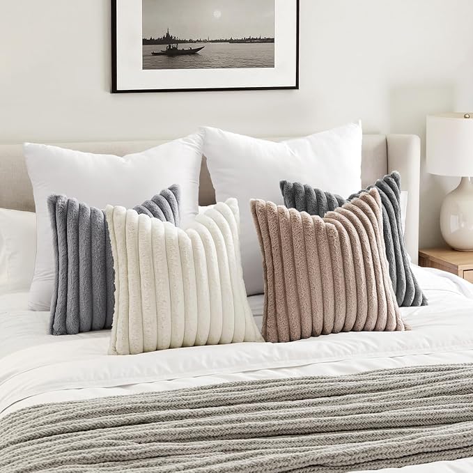 MIULEE Faux Fur Plush Decorative Throw Pillow Covers 20x20 Set of 4, Boho Farmhouse Soft Fuzzy Striped Cushion Covers for Sofa Couch Bed Living Room Vintage Rustic Home Decor,Grey Taupe