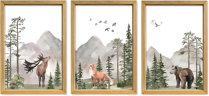 Woodland Nursery Animal Wall Art 11x16 3pc, Deer Bear Fox Boys Room Decor | Rustic Wood Framed Forest Mountain Watercolor Prints Set of 3, Toddler Boys, Kids Bedroom, Playroom & Nursery Nature Decor