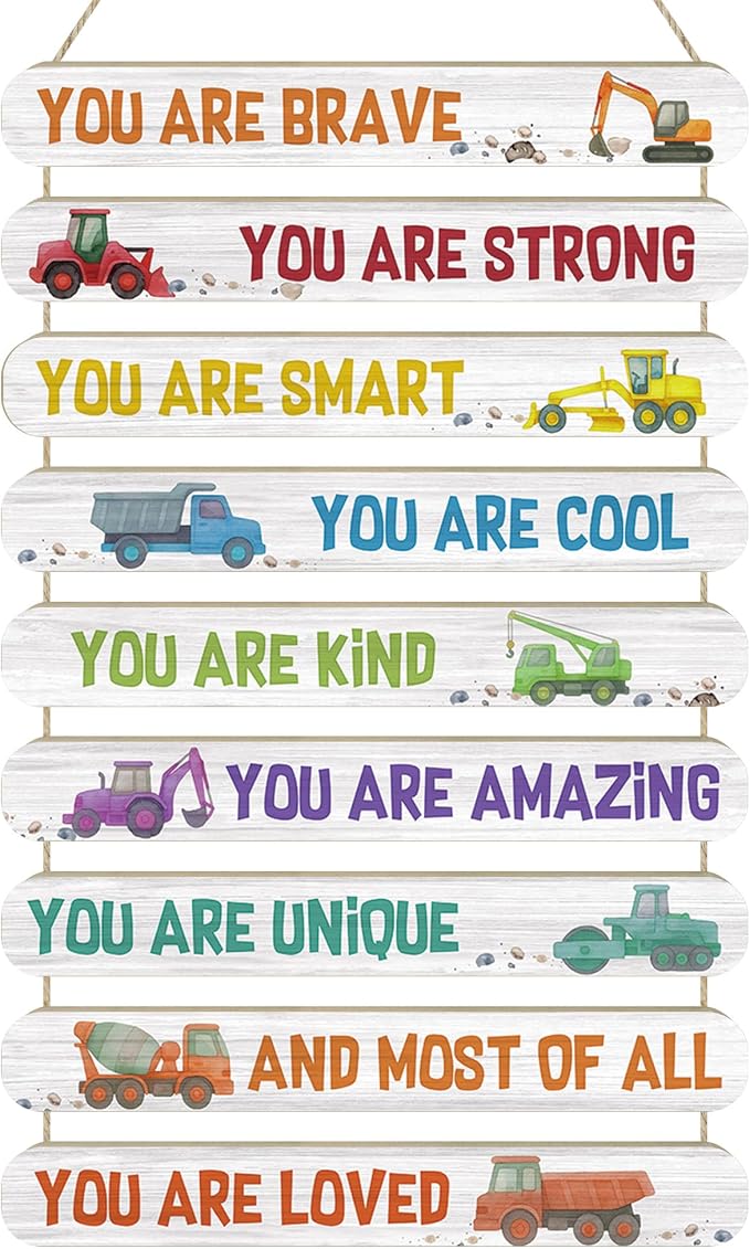 MONALET Construction Car Inspirational Wall Decor for Boys Kids Room Playroom Nursery Classroom, You Are Loved Hanging Wooden Signs Decorations, Positive Affirmations Wall Art Wood Plaque 9Pcs 12x19