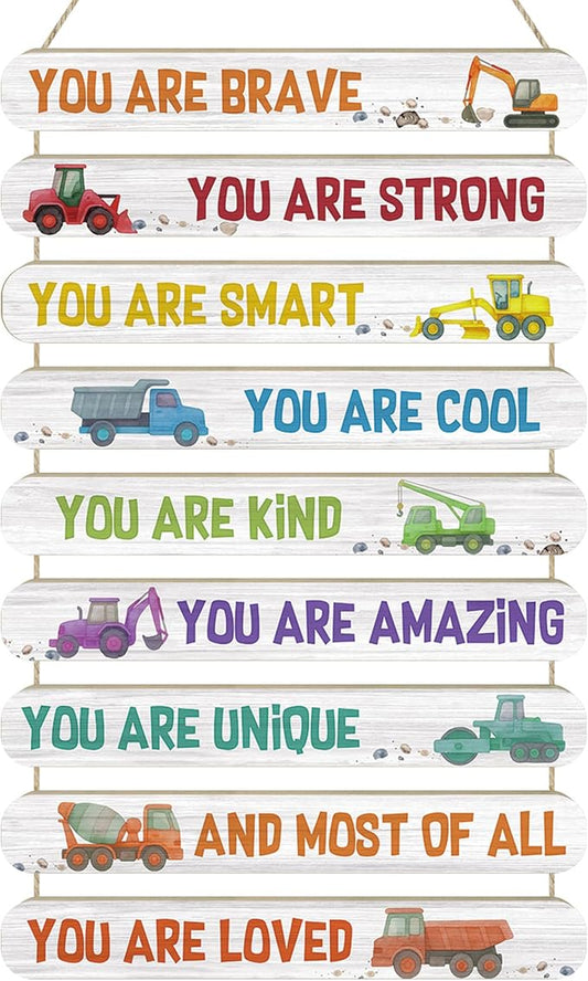 MONALET Construction Car Inspirational Wall Decor for Boys Kids Room Playroom Nursery Classroom, You Are Loved Hanging Wooden Signs Decorations, Positive Affirmations Wall Art Wood Plaque 9Pcs 12x19
