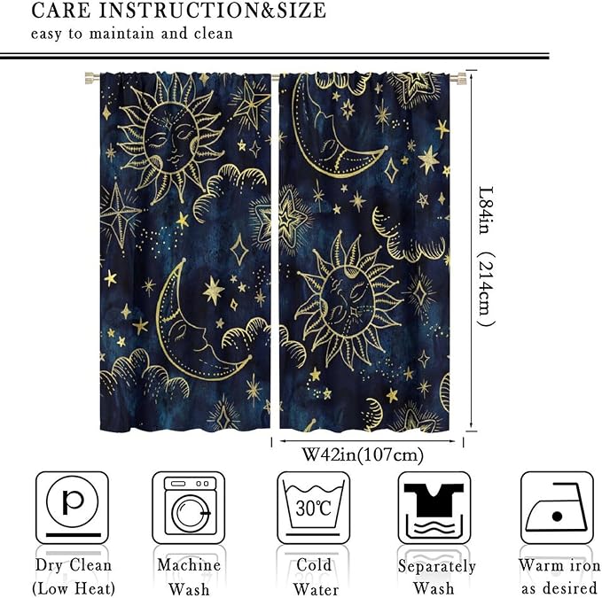 Boho Sun Moon Blackout Window Curtains, Bohemia Theme Sun Moon Stars Print Pattern Rod Pocket Window Drapes, for Living Room Bedroom 84x84in 2 Panels