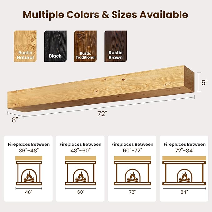 Acovy Floating Fireplace Mantel Shelves, 72x8x5 Inches Natural Wooden Floating Shelf for Over Fireplace, Wall-Mounted Mantel Shelf for Living Room and Home Decor, Rustic Natural