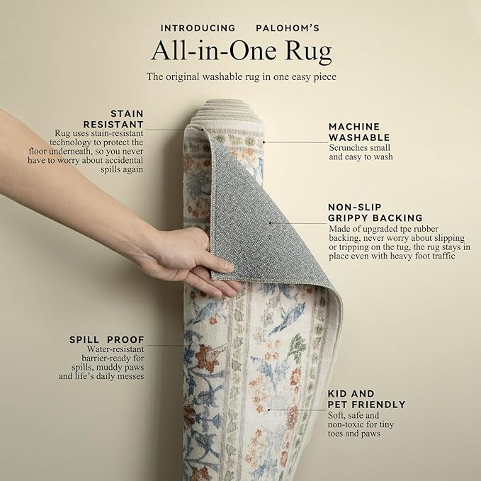 Washable Area Rugs for Living Room: 6x9 Bedroom Rug Vintage Area Rug Stain Resistant Non Slip Low Pile Lightweight Soft Carpets for Dining Room Kitchen Nursery Kids Room Farmhouse Indoor