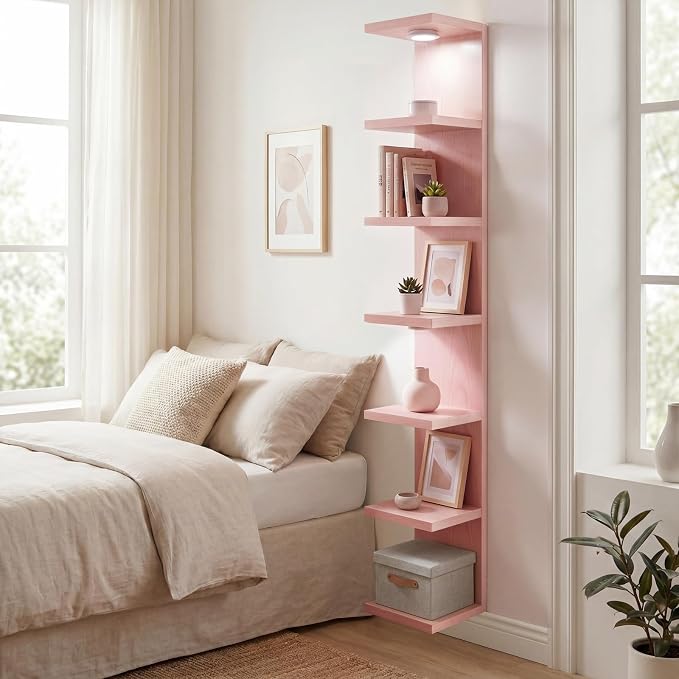 Fixwal 7 Tier Wall Shelf Unit Floating Shelves with LED Lights Lack Wall Shelf for Home Decor Organizer Display Pink