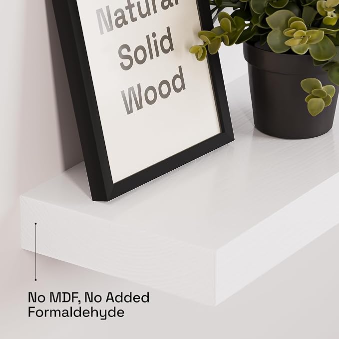 Solid Wood Floating Shelves for Wall 36 Inches Long, White Wooden Shelf | Real Wood, Wall Mounted, Heavy Duty Shelf 36 Inch Large, Bathroom Bedroom Kitchen Rustic, White Finish, 36W × 6.7D, Set of 2