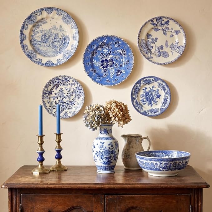 5 Pcs Coastal Vintage Ceramic Wall Plates Set, Blue and White Decoration Hanging Plates with Botanical Patterns, Holland Vintage Gifts for Wall, Home Office Art Ornament(Flowers)