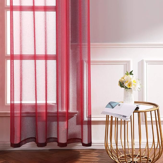 MIULEE 2 Panels Burgundy Red Semi Sheer Window Curtains Elegant Christmas Decor Grommet Top Voile Drapes Window Treatment Linen Textured Panels for Bedroom Living Room (54X63 inch Length)